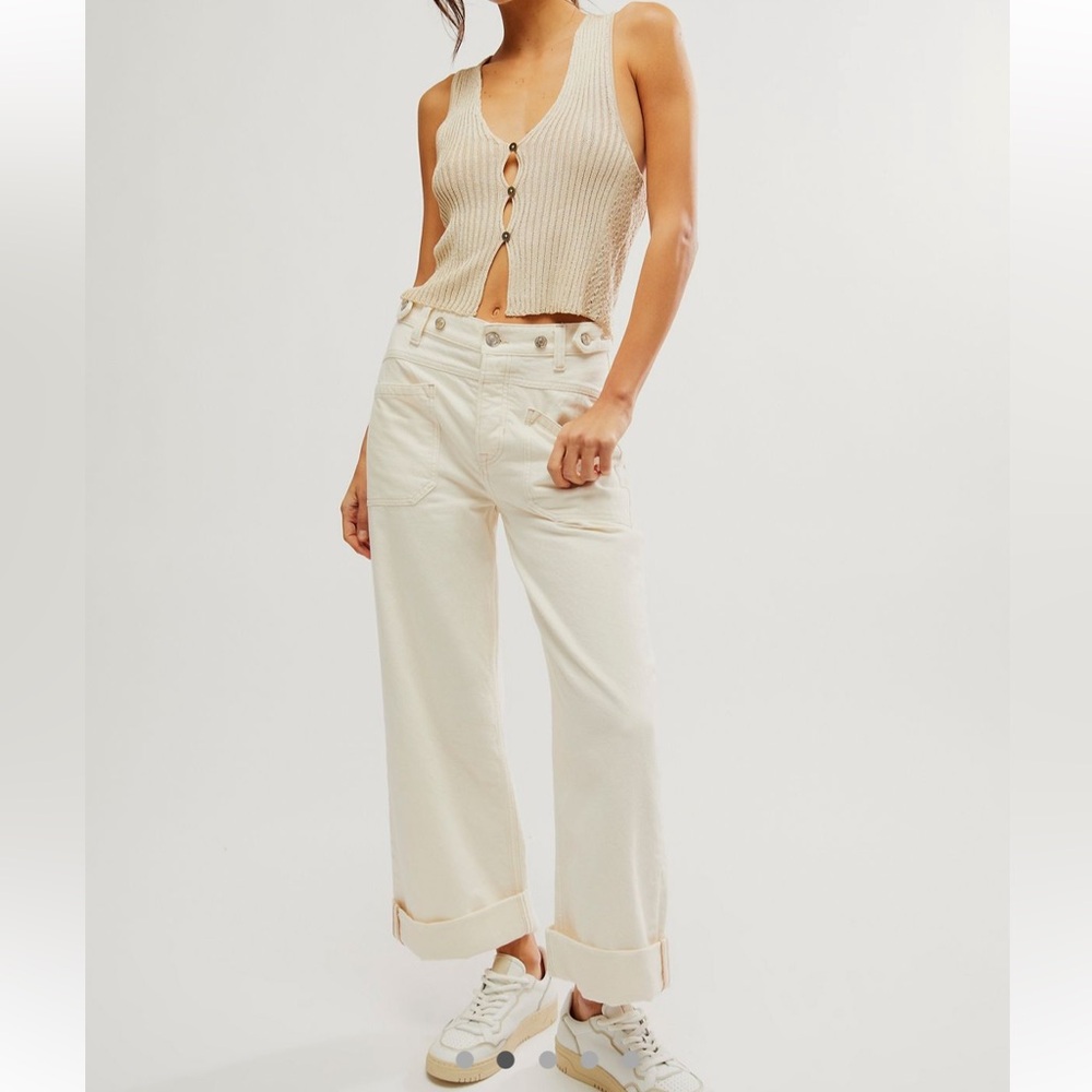 Free People Cream Wide-Leg Jeans